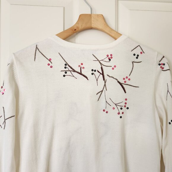 Embroidered Cardinal Sequins Cardigan Sweater Cream Red Grandma Winter Holiday - Picture 6 of 13